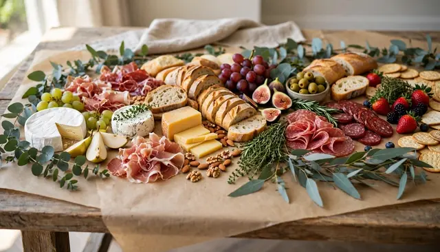 A long wooden grazing table holds assorted cheeses, cured meats, fruit, bread, and eucalyptus greenery.