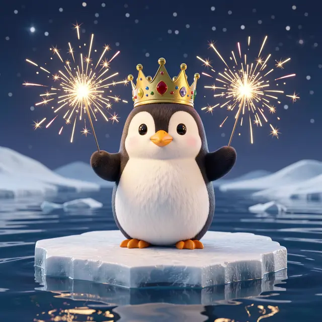 A cute fluffy 3D penguin wearing a jeweled crown holds two lit sparklers while standing on an ice floe at night.
