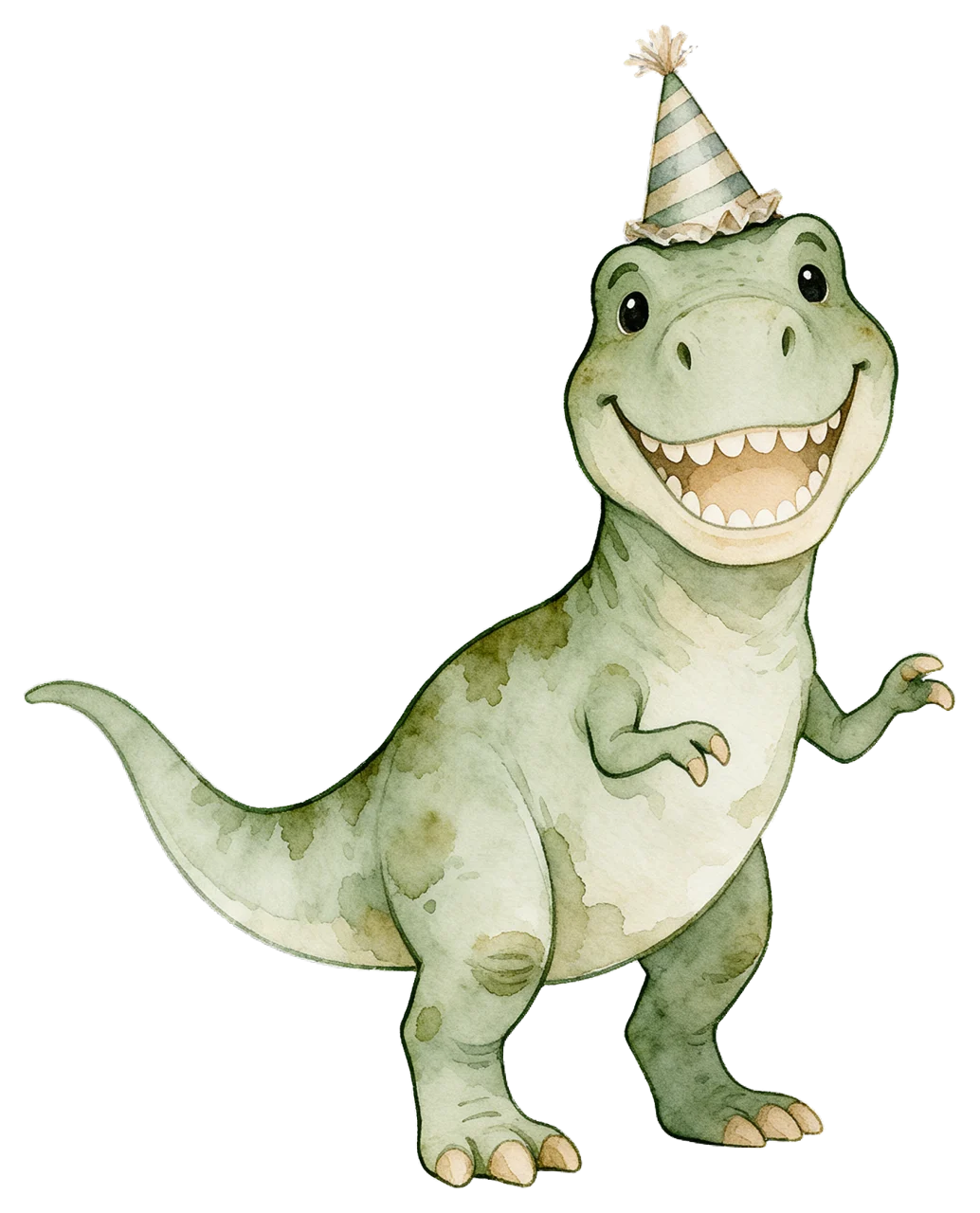Friendly watercolor T-rex wearing a striped party hat, standing with raised small arms and a wide smile.