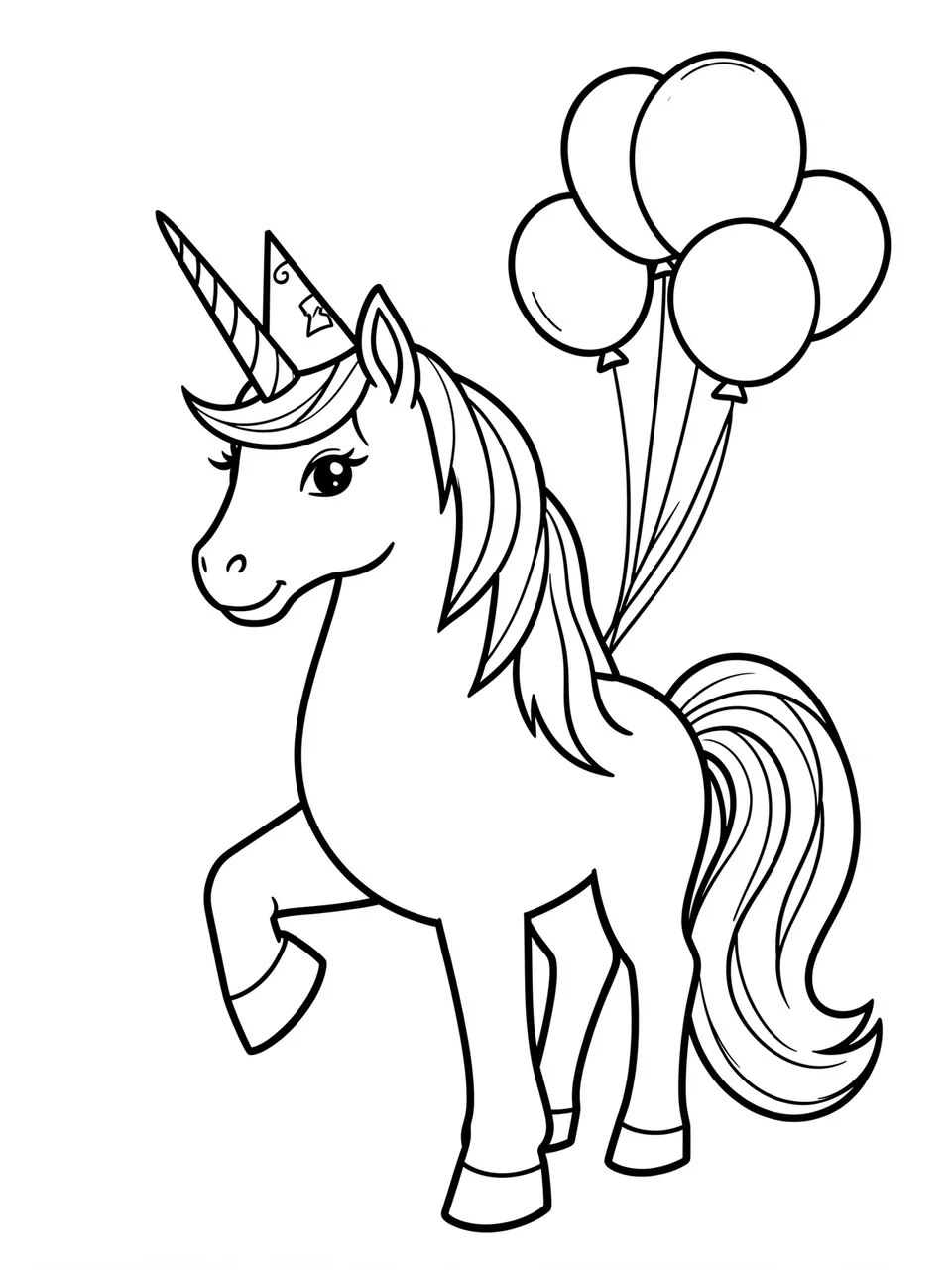 Black and white line art of a unicorn wearing a party hat and holding a cluster of balloons on a plain white background
