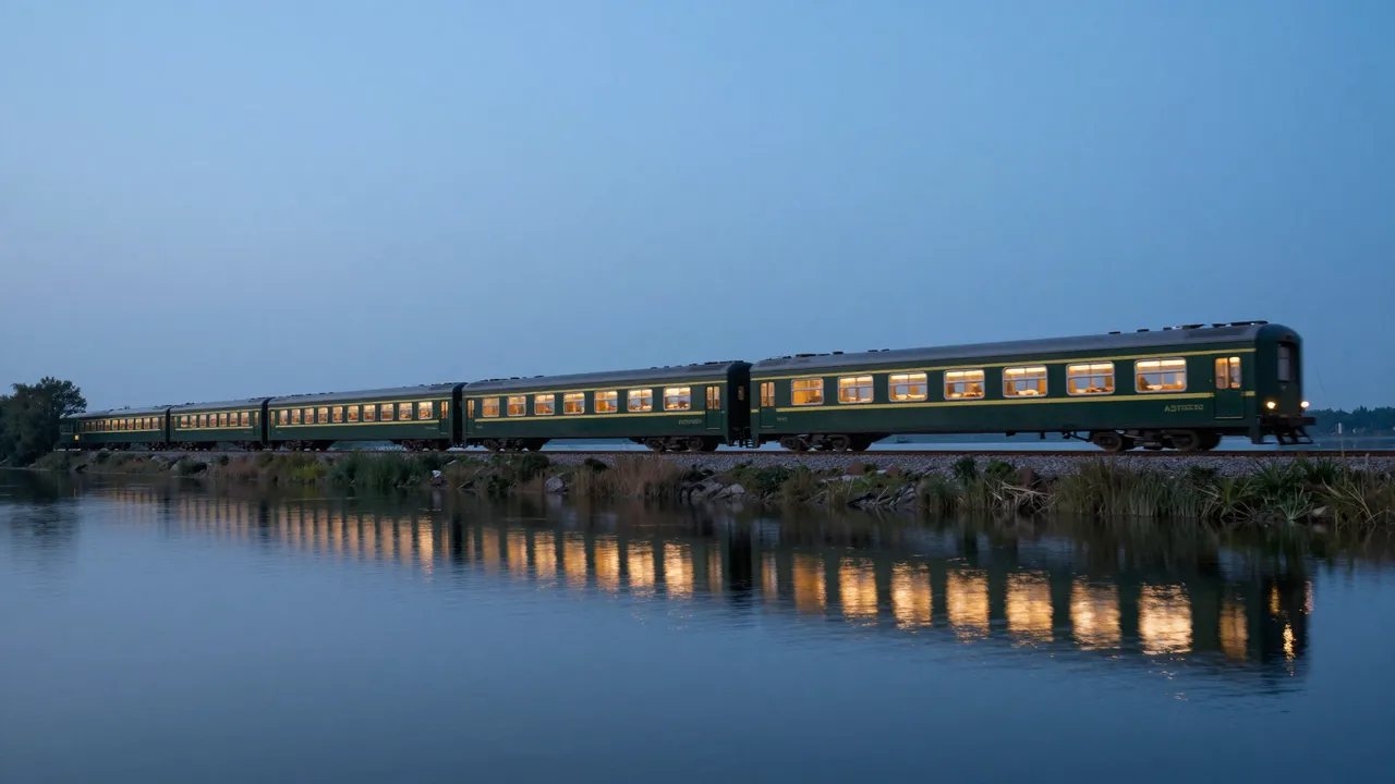 Lit passenger train runs along a still lakeshore with glowing window reflections at blue hour