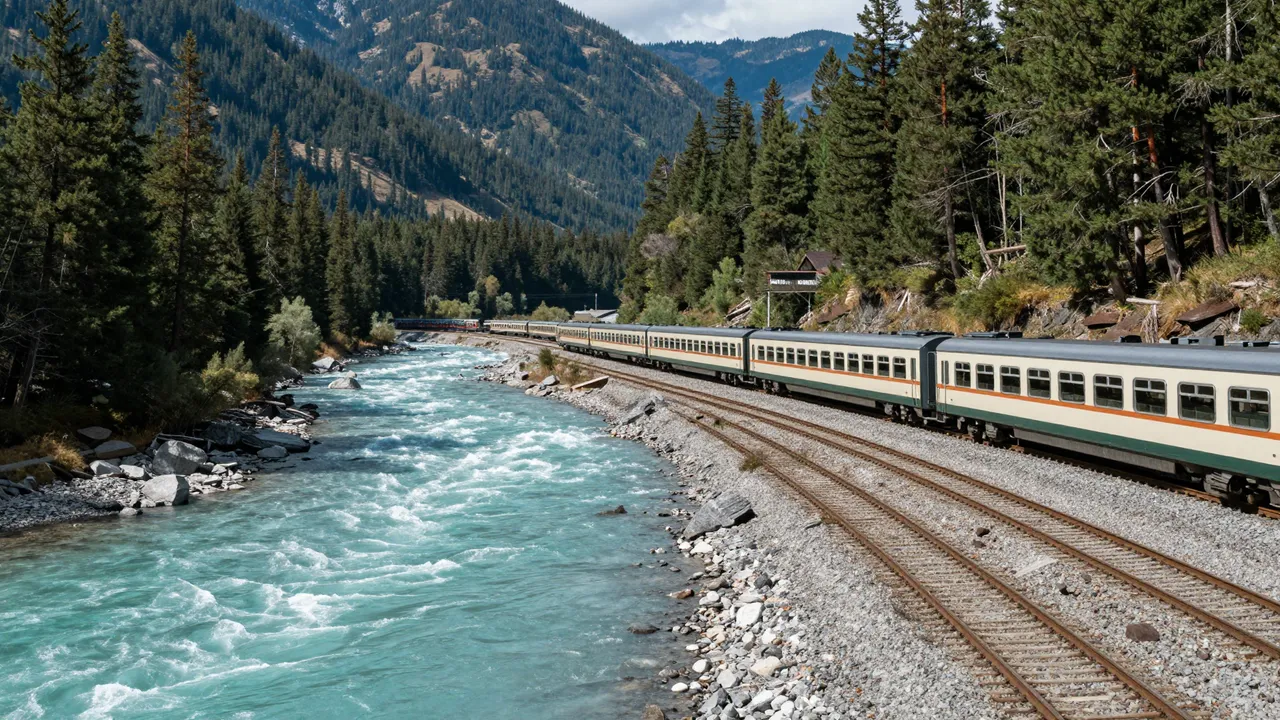 Long passenger train travels along railway tracks next to a turquoise glacial river through a pine mountain valley
