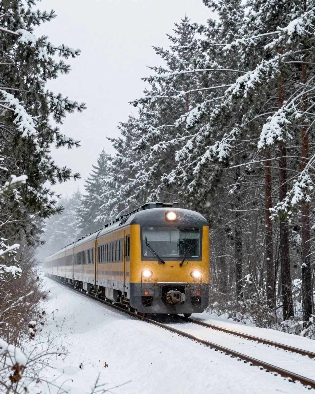 Yellow passenger train travels on snow covered railway track through snow laden pine forest during falling snow