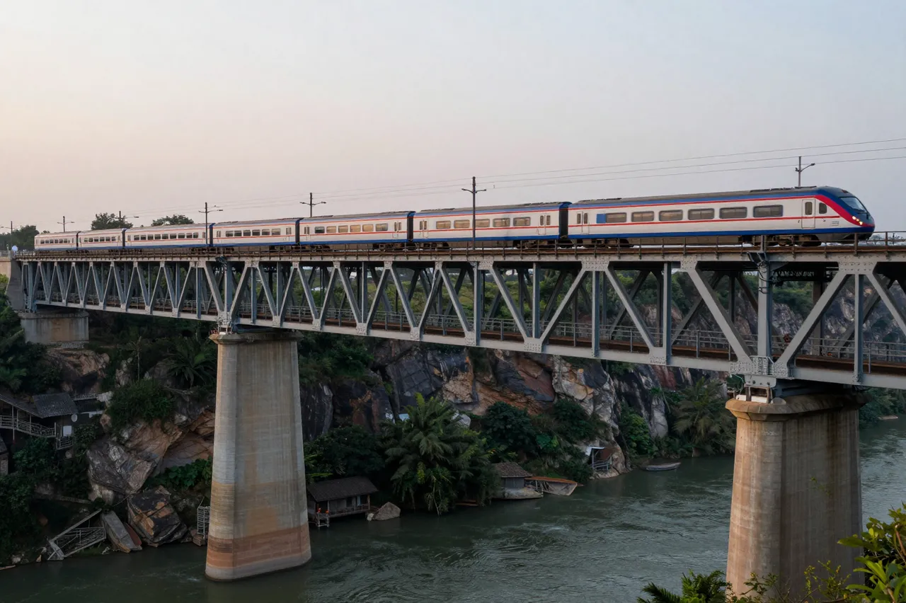 A long passenger train travels across a steel truss bridge over a river gorge at dusk