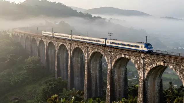 A passenger train travels across a curved stone viaduct above a misty forested valley at sunrise