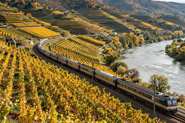 A long passenger train curves along tracks past golden autumn terraced vineyards beside a wide river