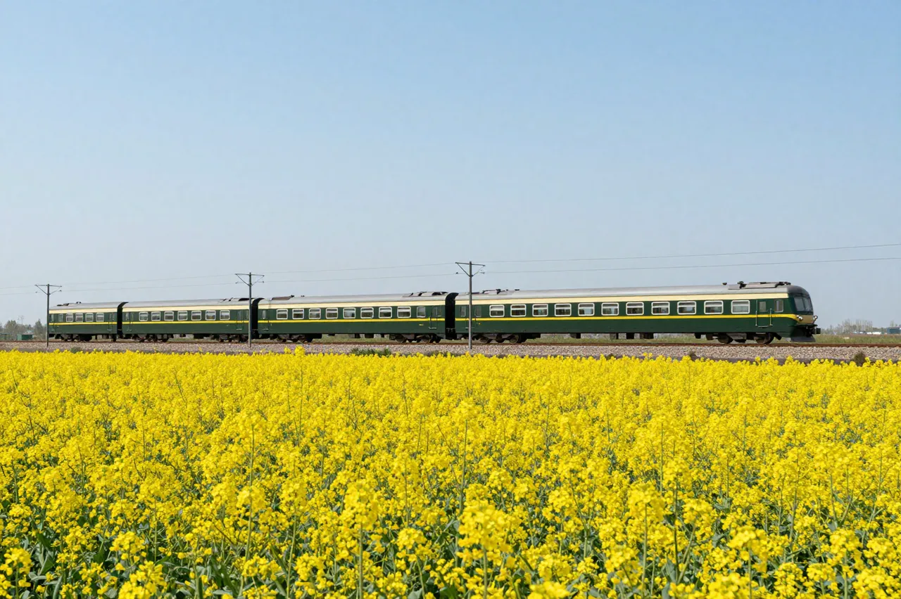 A green and yellow passenger train travels past bright yellow rapeseed fields under a clear pale blue sky.