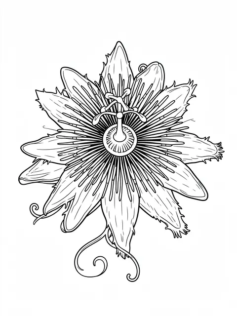 Intricate black and white line art of a passionflower with curling tendrils on a plain white background