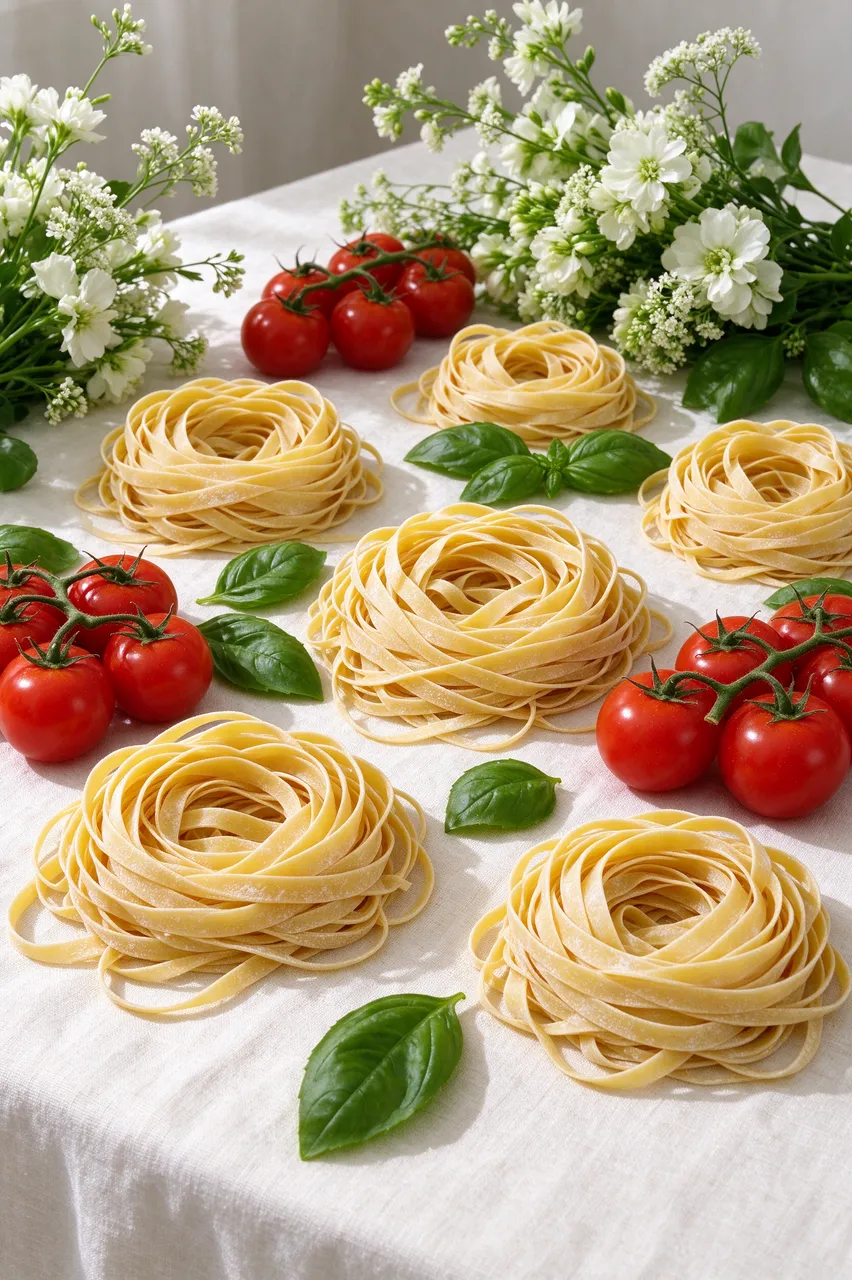 Uncooked tagliatelle nests, vine tomatoes, basil and white flowers arranged on a linen tablecloth