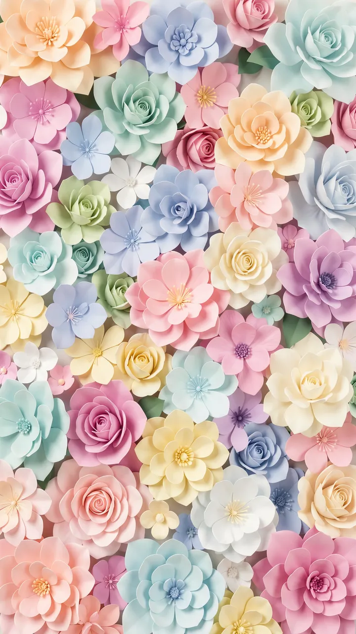 Dense layered arrangement of soft pastel 3D paper flowers filling the full vertical frame