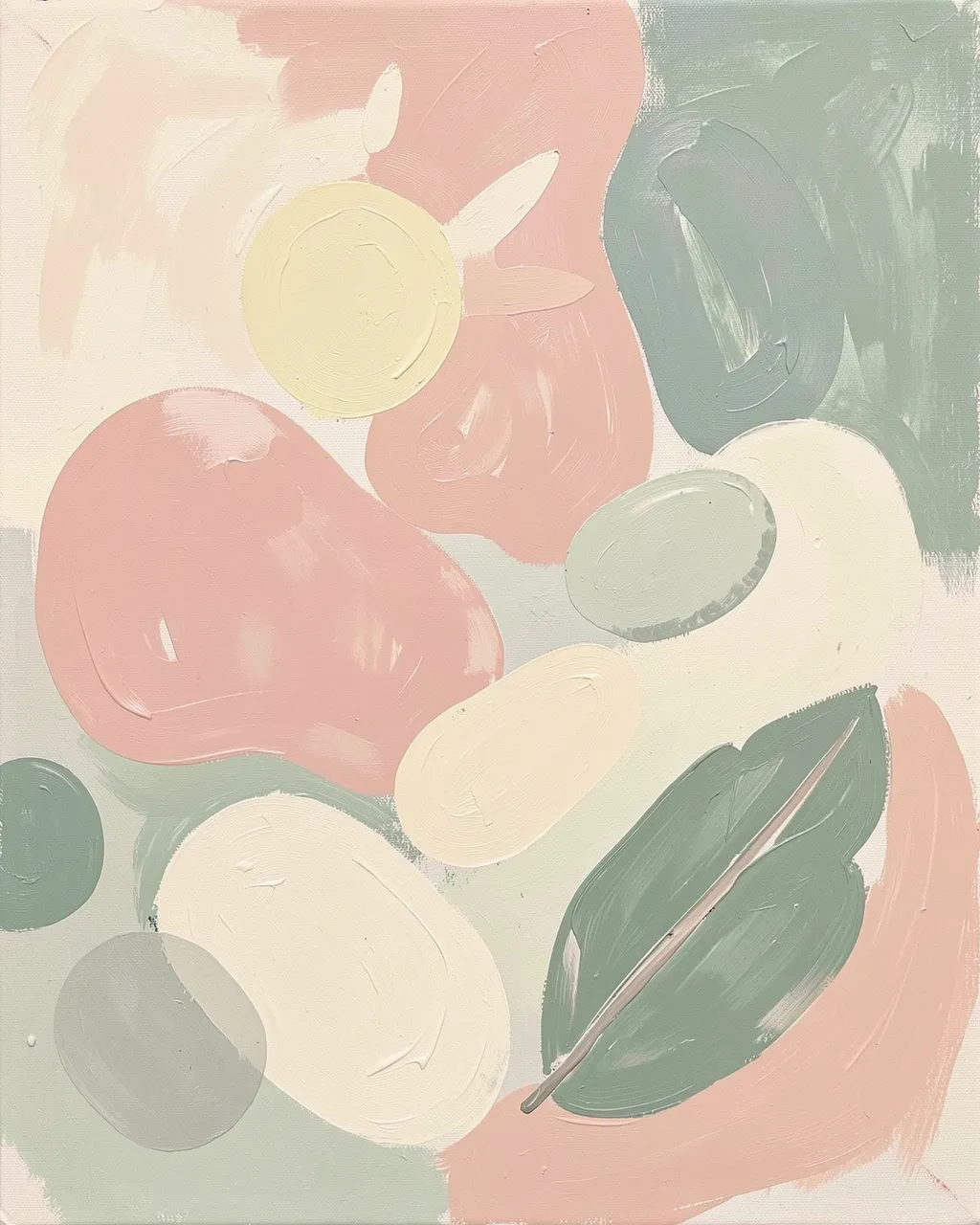 Textured abstract acrylic painting with soft organic shapes, a half sun, leaf and pebble forms in blush, sage and cream