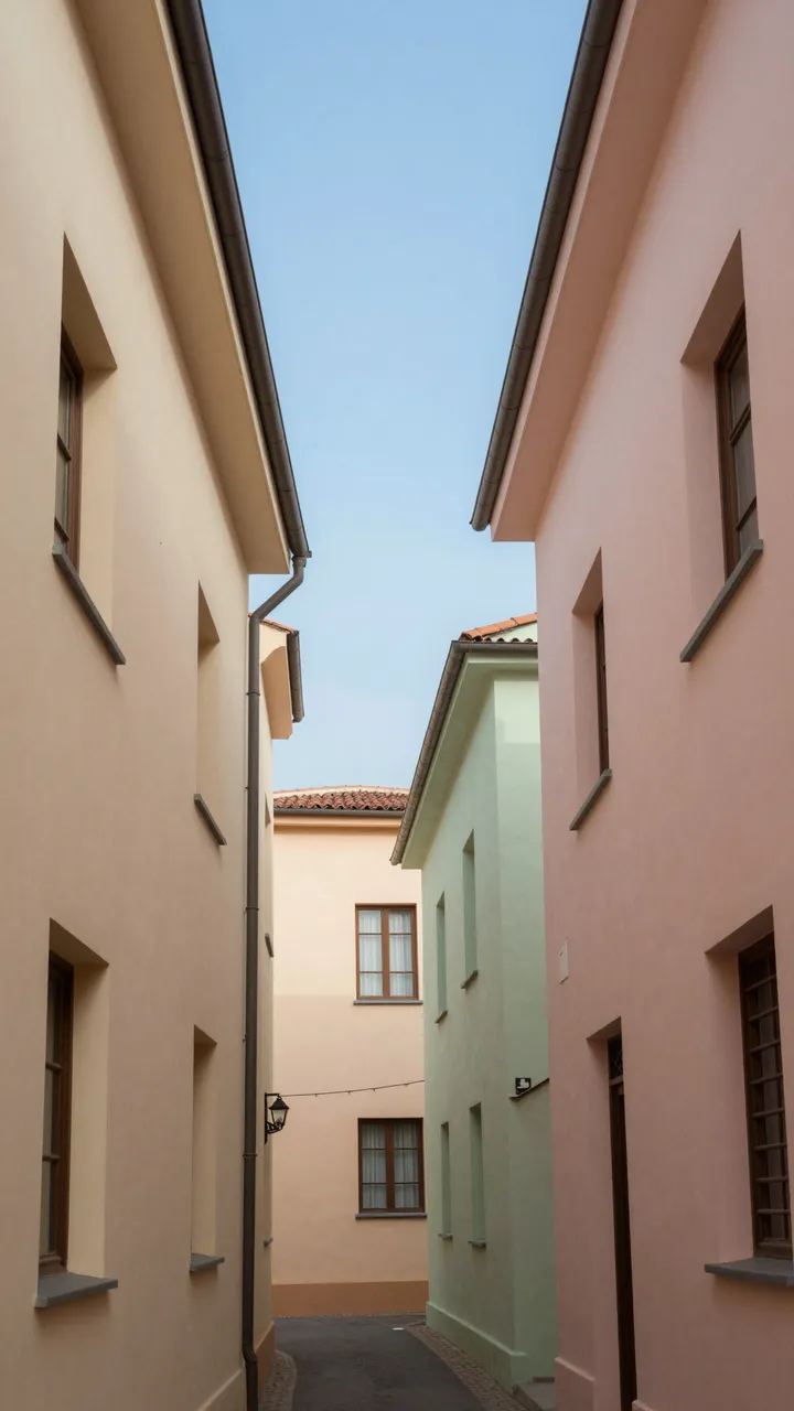 Vertical view of a narrow quiet alley lined with pastel houses under a strip of clear blue sky