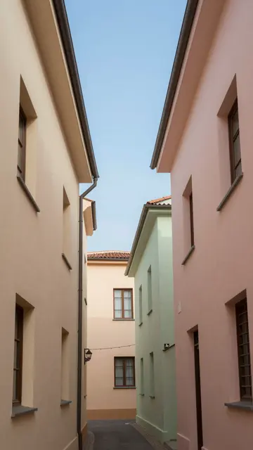 Vertical view of a narrow quiet alley lined with pastel houses under a strip of clear blue sky