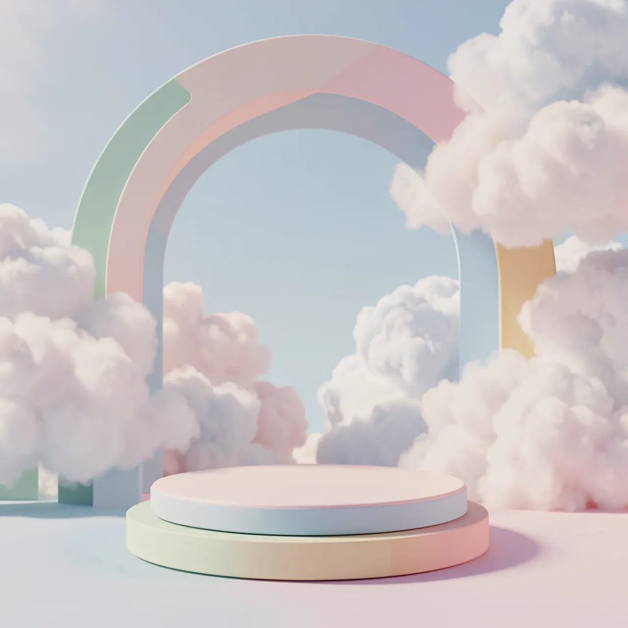 A round tiered pastel product podium sits beneath a soft gradient archway surrounded by fluffy clouds against a pale sky