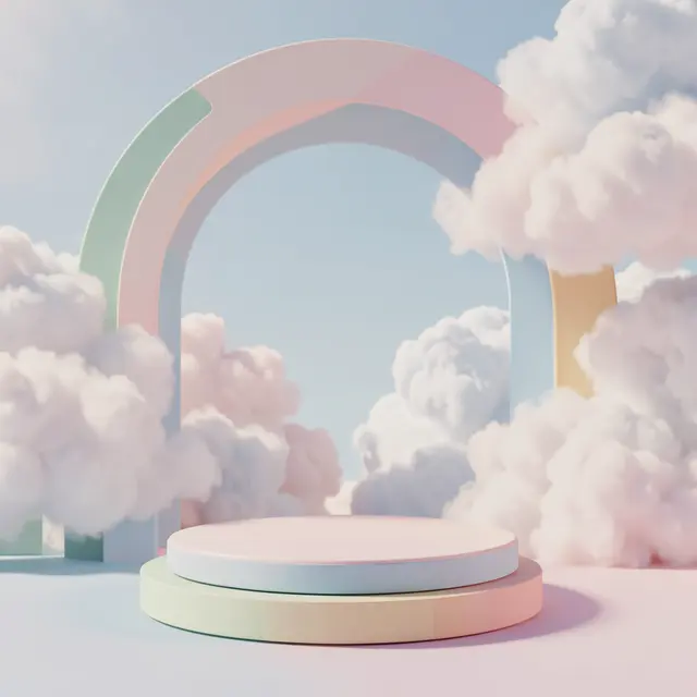 A round tiered pastel product podium sits beneath a soft gradient archway surrounded by fluffy clouds against a pale sky
