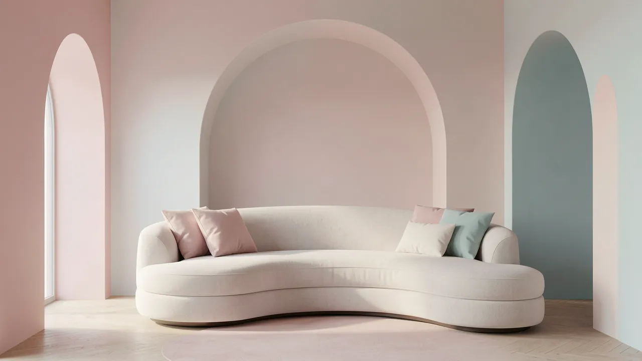 A pale curved sofa sits in a soft pastel room with decorative arched wall details