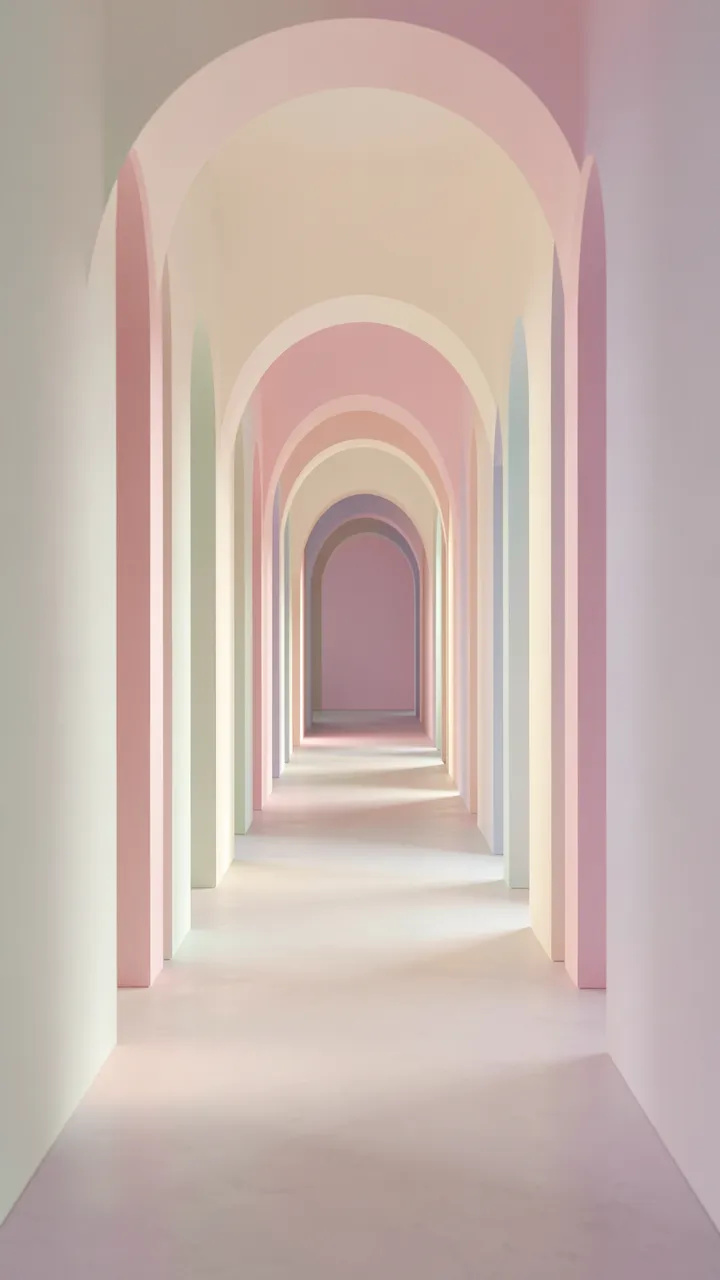 Receding arched doorways line a soft pastel liminal hallway lit by gentle diffused light