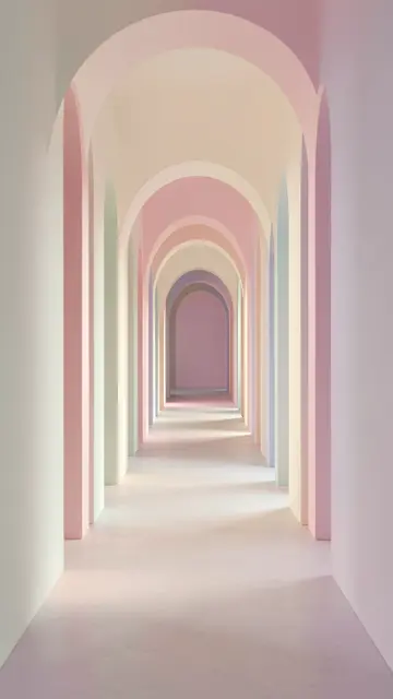 Receding arched doorways line a soft pastel liminal hallway lit by gentle diffused light