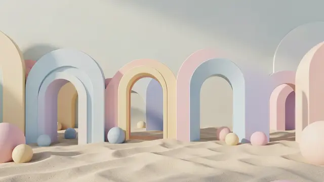 Smooth pastel colored geometric arches and spheres rest on soft rippled sand with gentle long shadows.