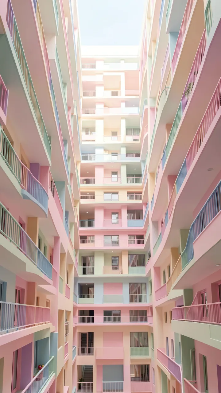 Tall vertical multi-story apartment atrium lined with soft pastel colored balconies under pale daylight