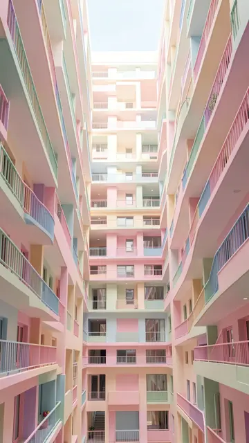 Tall vertical multi-story apartment atrium lined with soft pastel colored balconies under pale daylight