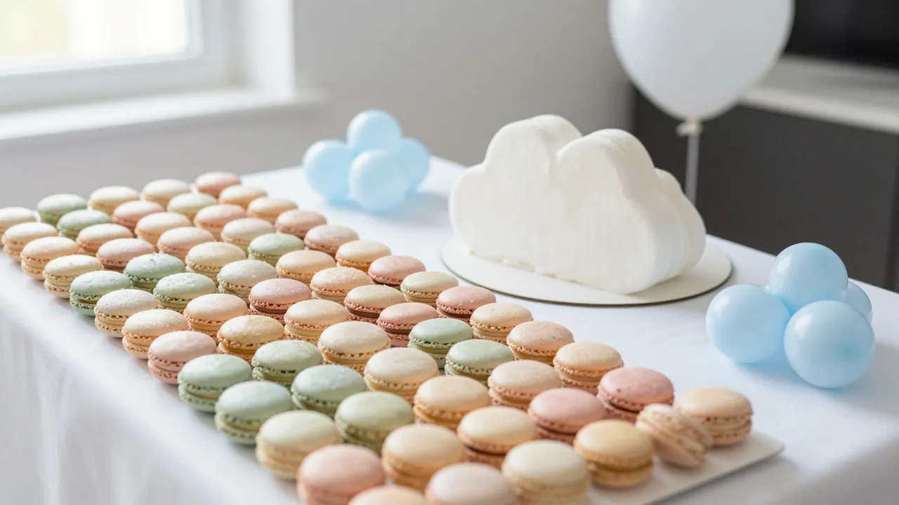 A bright table displays arranged pastel macarons, a white cloud cake, and small decorative balloons for a baby shower.