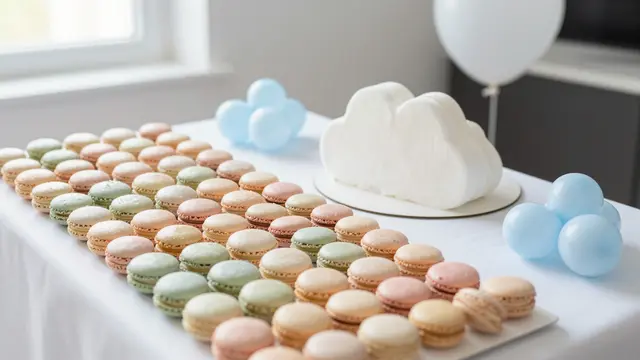 A bright table displays arranged pastel macarons, a white cloud cake, and small decorative balloons for a baby shower.