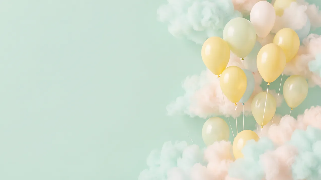 Pale yellow and mint balloons sit among fluffy pastel clouds on the right, with blank mint copy space on the left.