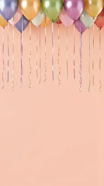 Pastel balloons with dangling strings are cropped at the top above empty peach copy space