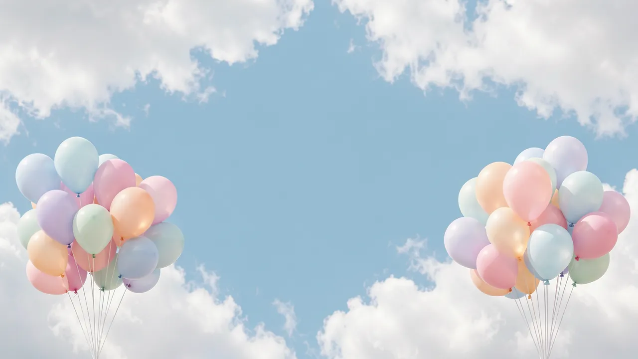 Two bunches of pastel balloons frame an empty powder blue sky dotted with soft white clouds