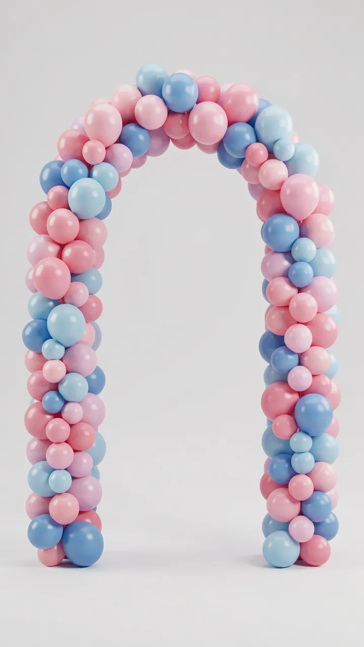 Vertical 3D render of a pink and blue balloon garland arch against a plain light gray background
