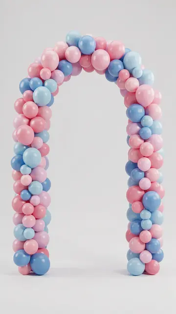 Vertical 3D render of a pink and blue balloon garland arch against a plain light gray background