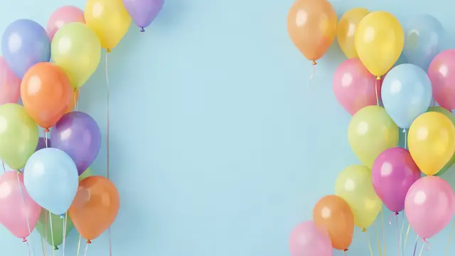 Clusters of colorful pastel balloons frame a blank pastel blue central background space.