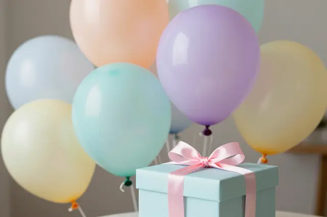 A light blue gift box with a pink satin bow sits in front of clustered pastel party balloons.