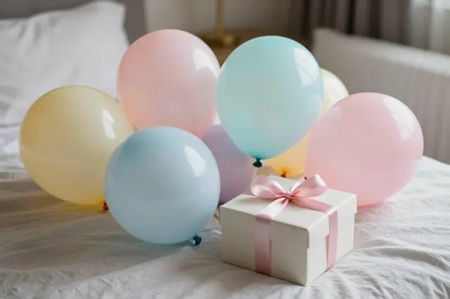 Pastel colored balloons and a white gift box with a pink ribbon rest on a rumpled white bed sheet.