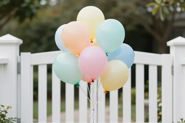 A bunch of soft pastel balloons tied to a white wooden garden gate with blurred green trees behind