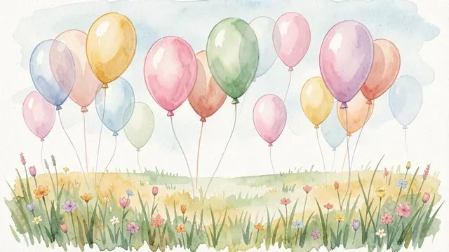 Soft watercolor pastel balloons float above a blooming summer wildflower meadow under a pale sky
