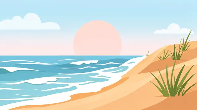 Flat illustration of a sandy beach with dunes, ocean waves, and a soft pink sun above the horizon