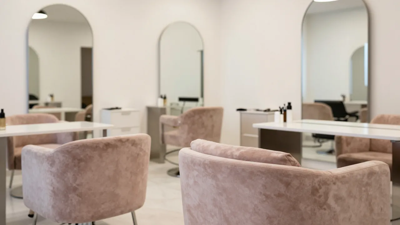 Empty pastel beauty salon with curved velvet seating, arched mirrors and light walls