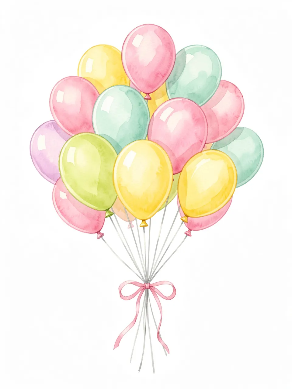 Watercolor illustration of a clustered bunch of pastel balloons tied with a pink ribbon bow on a plain white background
