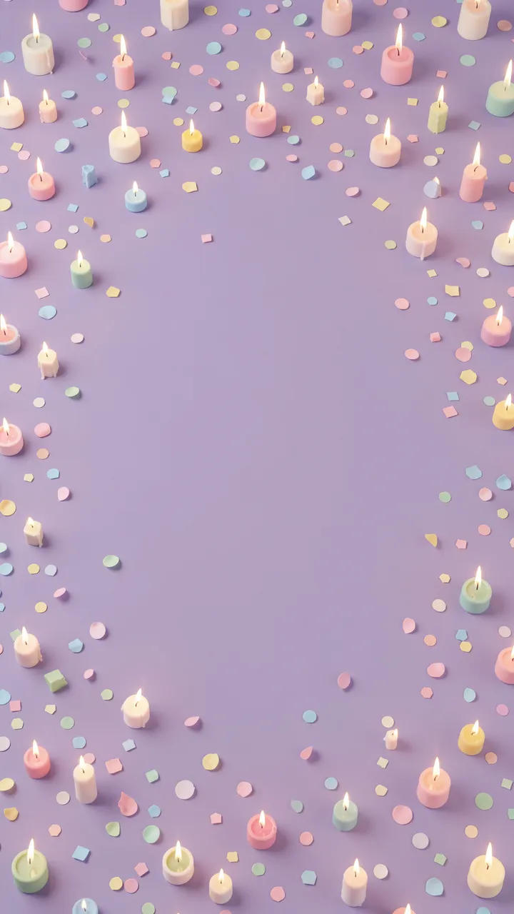 Lit pastel tealight candles and scattered confetti frame an empty lilac background space