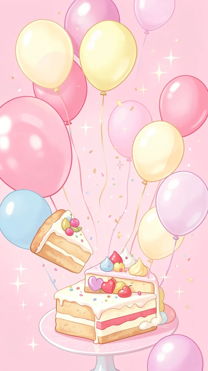 Whimsical birthday cake slices, floating balloons and sparkles arranged on a soft pastel pink background