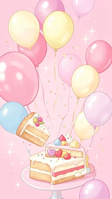 Whimsical birthday cake slices, floating balloons and sparkles arranged on a soft pastel pink background