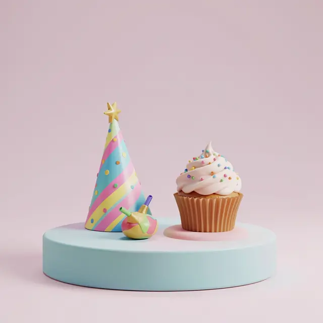 3D rendered birthday hat, party noisemaker and sprinkle cupcake sit on a pale blue round podium against a soft pink