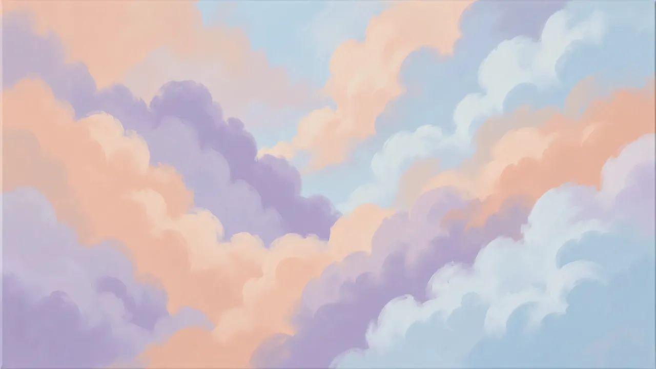 Soft blended painterly clouds in peach, lavender and powder blue fill the full frame of the canvas