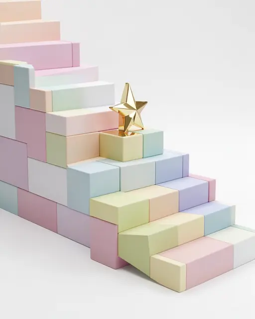 A 3D rendered staircase of soft pastel cubes topped with a glossy gold star against a plain light background