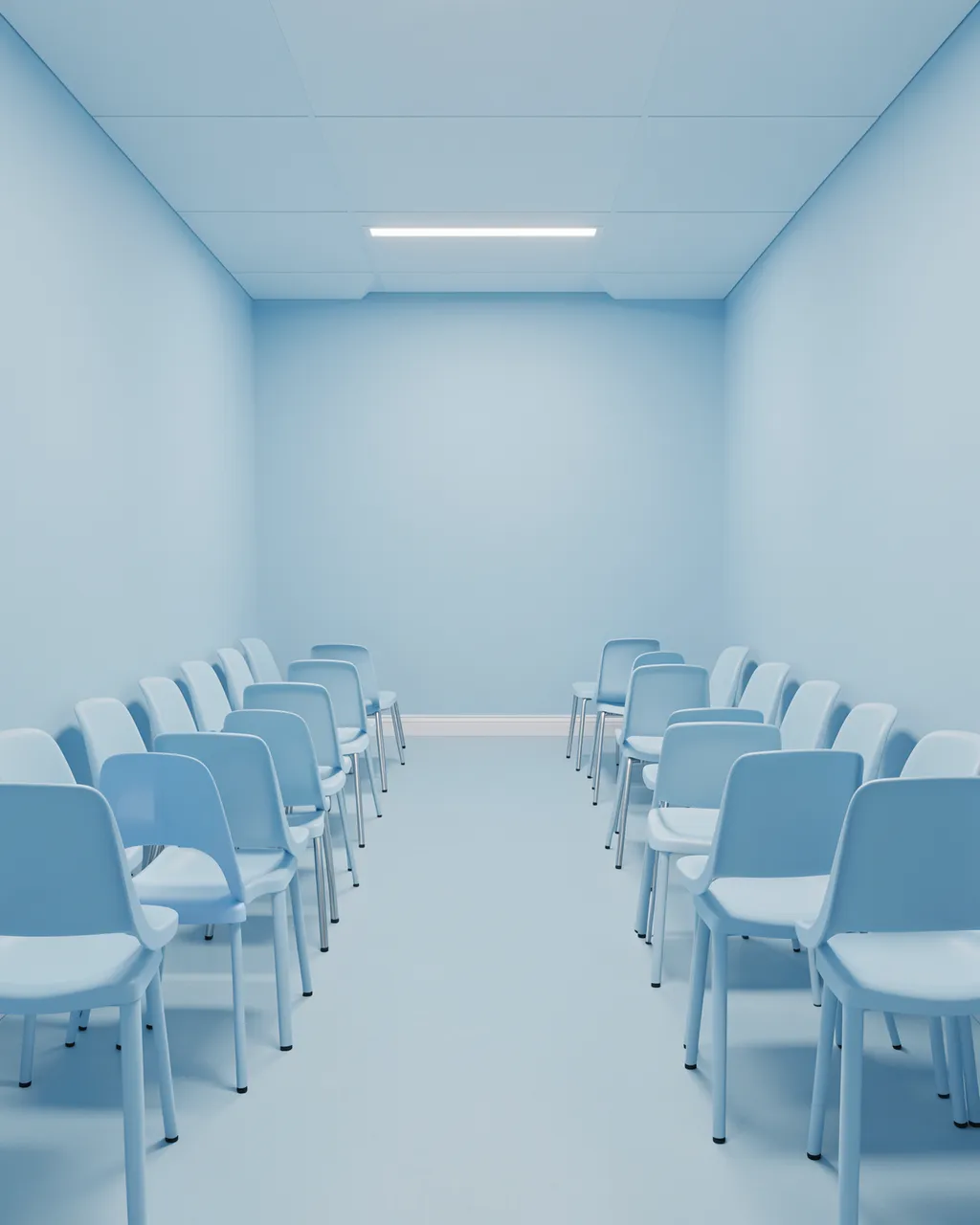 Empty monochrome pastel blue waiting room with rows of plastic chairs lining both walls