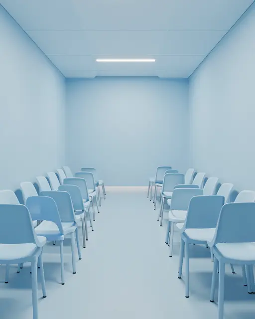 Empty monochrome pastel blue waiting room with rows of plastic chairs lining both walls