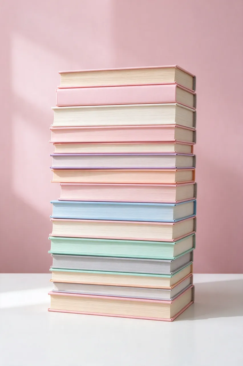 Tall stack of plain pastel hardcover books sits on a white desk against a soft pink wall