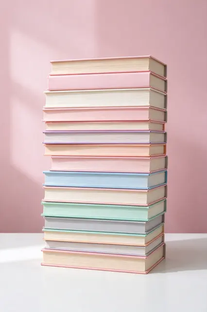Tall stack of plain pastel hardcover books sits on a white desk against a soft pink wall
